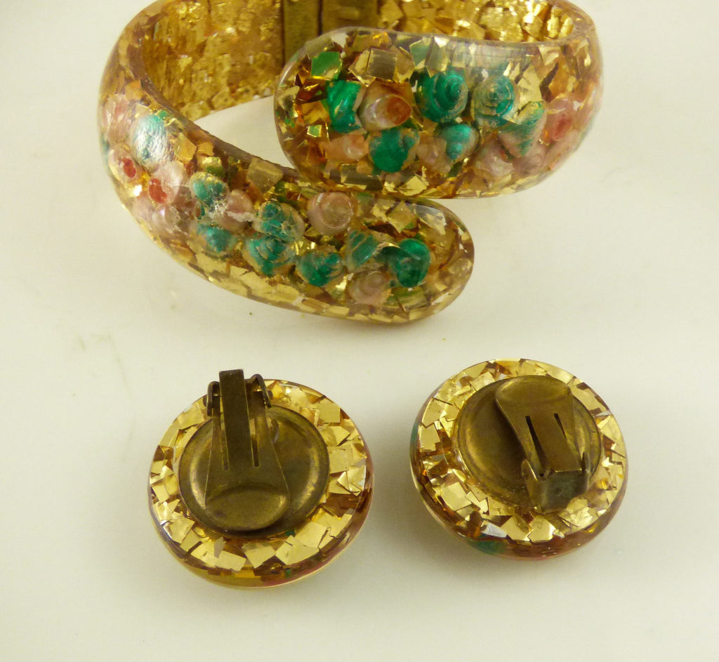 Gold Confetti and Sea Shells Lucite Clamper and Earring Set - Vintage Lane Jewelry