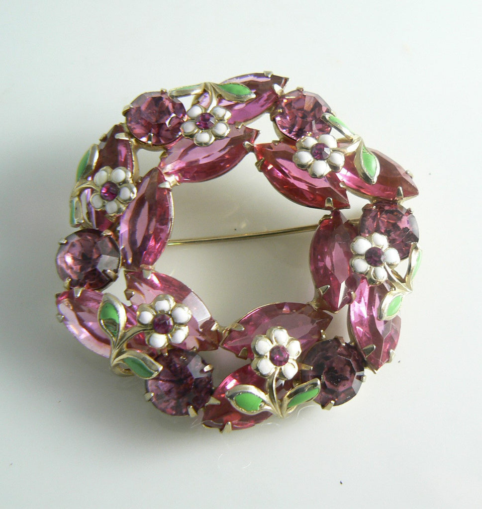 Pretty Vintage Pink Rhinestone And Enamel Flower Brooch - Vintage Lane Jewelry