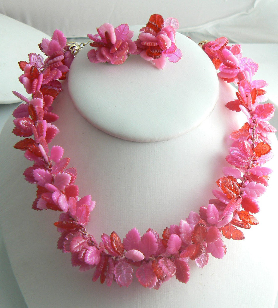 Colorful Plastic Shades of Pink Leaf Necklace Earring Set - Vintage Lane Jewelry