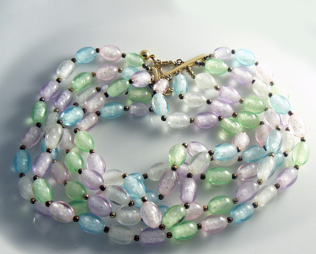 Trifari Pastel Crackle Glass Lucite Bead Necklace Bracelet Set - Vintage Lane Jewelry