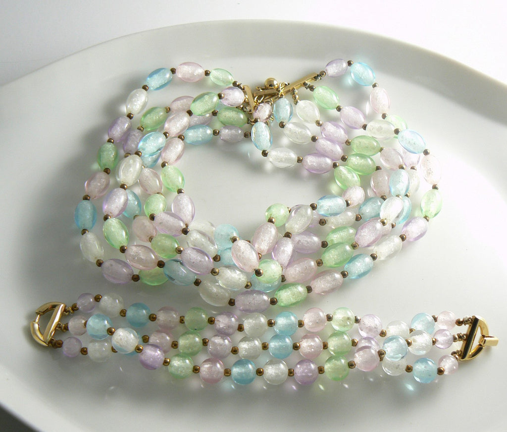 Trifari Pastel Crackle Glass Lucite Bead Necklace Bracelet Set - Vintage Lane Jewelry