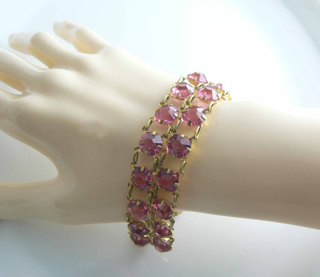 Double Strand Pink Prong Set Rhinestone Bracelet - Vintage Lane Jewelry