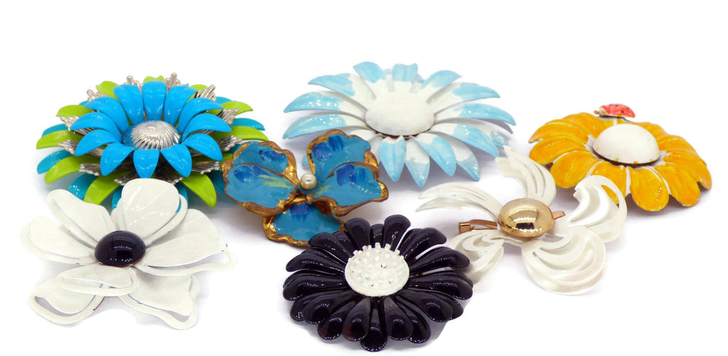 Blue Daisies Enamel Flower Lot, 7 pins, Flower Brooches - Vintage Lane Jewelry