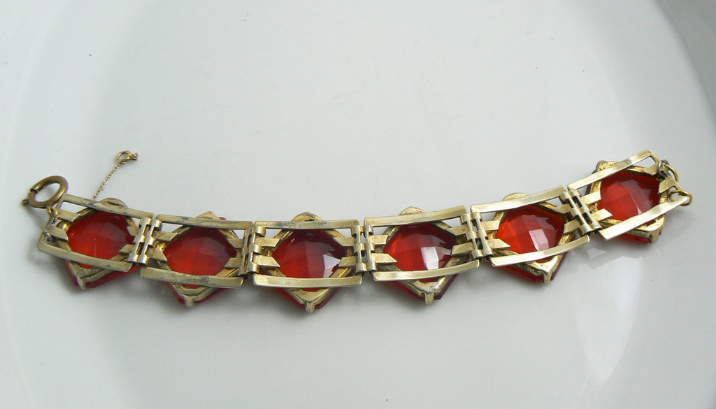 Red Square Cut Glass Art Deco Bracelet - Vintage Lane Jewelry