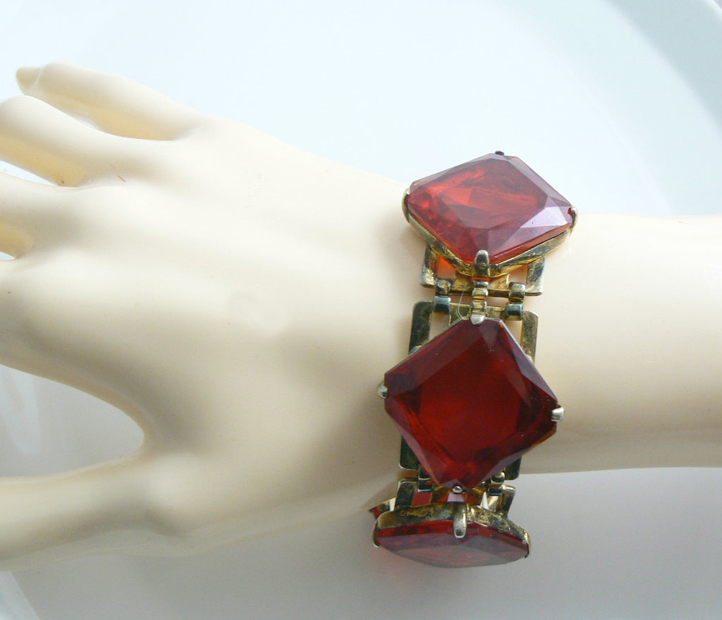 Red Square Cut Glass Art Deco Bracelet - Vintage Lane Jewelry