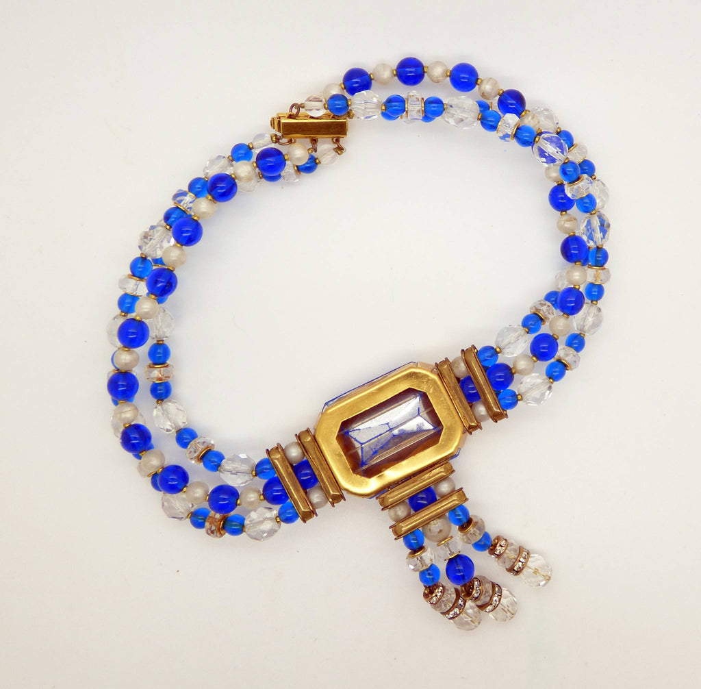 Vintage Victorian Revival Teal Blue Rondelle Rhinestone Glass Dangle Necklace - Vintage Lane Jewelry