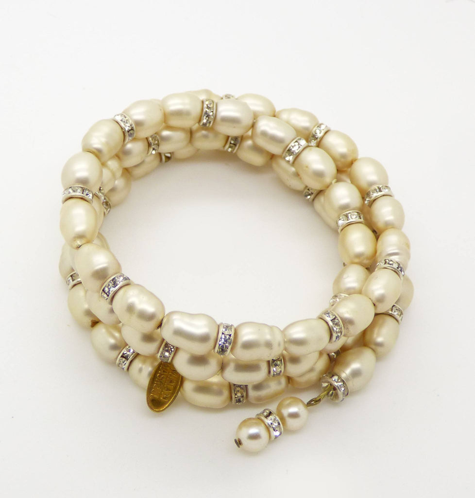 Vintage Miriam Haskell Baroque Glass Pearl and Rhinestone Rondelle Wrap Bracelet - Vintage Lane Jewelry