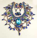 Czech Glass Statement Blue Pink Rhinestone Parure. Necklace, Earrings and Ring - Vintage Lane Jewelry