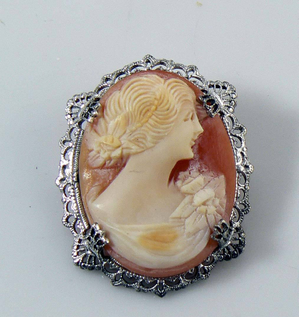 Vintage Carved Shell Cameo in Sterling Silver Filigree Setting - Vintage Lane Jewelry