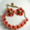 Vintage Plastic Red Flower Rhinestone Necklace Earring Set - Vintage Lane Jewelry