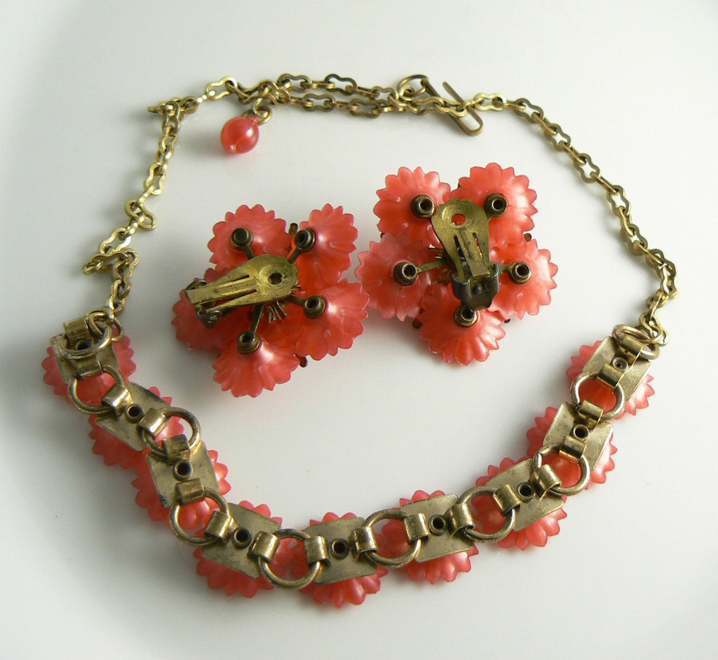 Vintage Plastic Red Flower Rhinestone Necklace Earring Set - Vintage Lane Jewelry