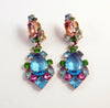 Czech Glass Aqua Blue, Pink and Green Rhinestones Clip Earrings - Vintage Lane Jewelry