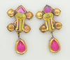 Czech Glass Hot Pink Glass Cabochon Rhinestone Dangle Clip Earrings - Vintage Lane Jewelry