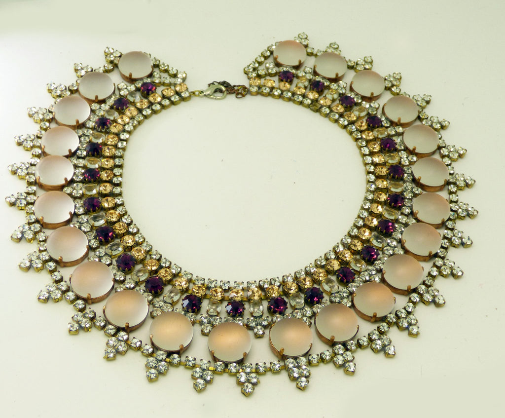 Czech Glass Peach Cabochon Purple and Peach Rhinestone Bib Necklace with Clip Earrings, - Vintage Lane Jewelry