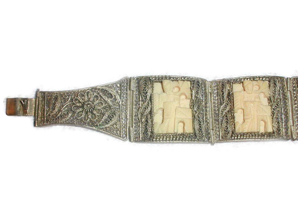 Antique Chinese Silver Filigree 3 Panel Hand Carved Bovine Bone Bracelet - Vintage Lane Jewelry