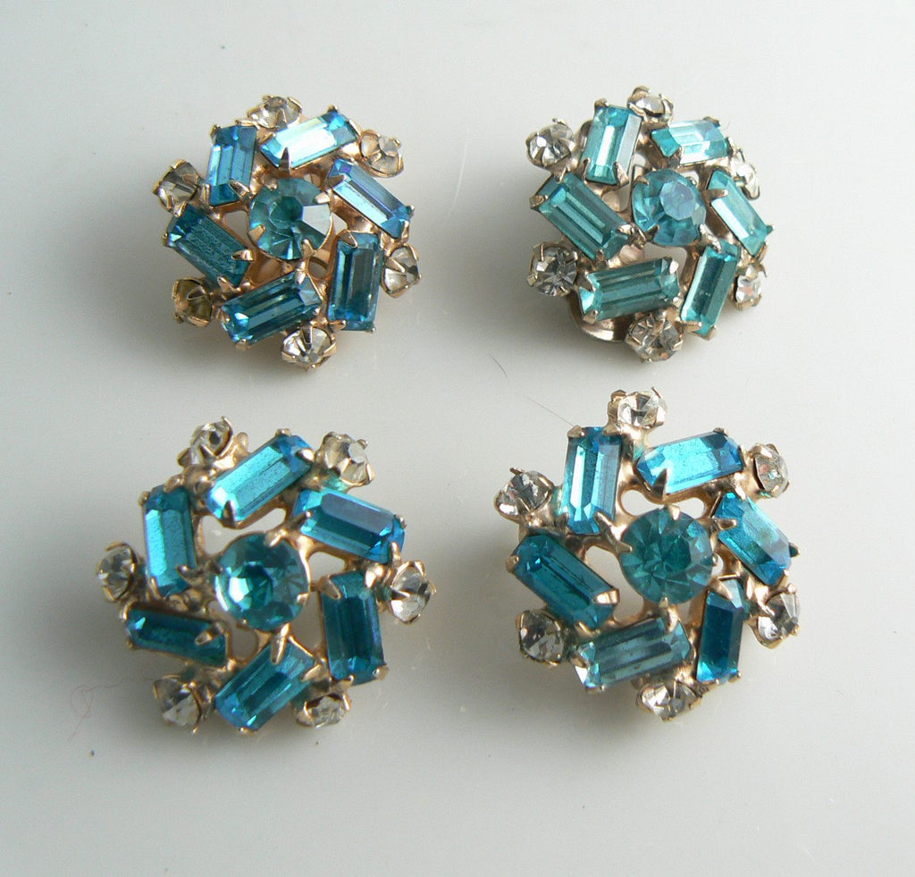 Vintage Teal colored Rhinestone Earrings and Scatter Pin Set - Vintage Lane Jewelry
