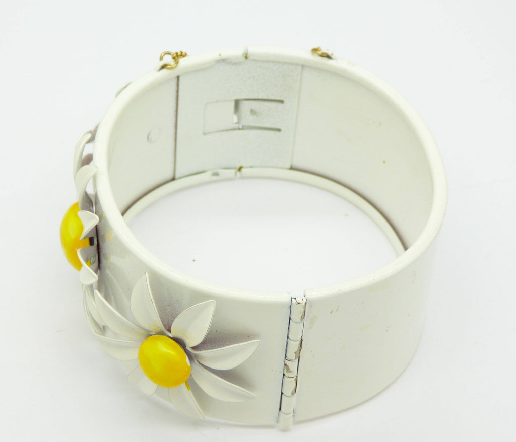 White Enamel Daisy Cuff Bracelet and Clip Earrings - Vintage Lane Jewelry