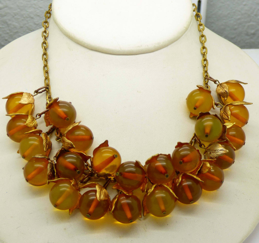 Bakelite Beaded Brass Leaf Necklace - Vintage Lane Jewelry