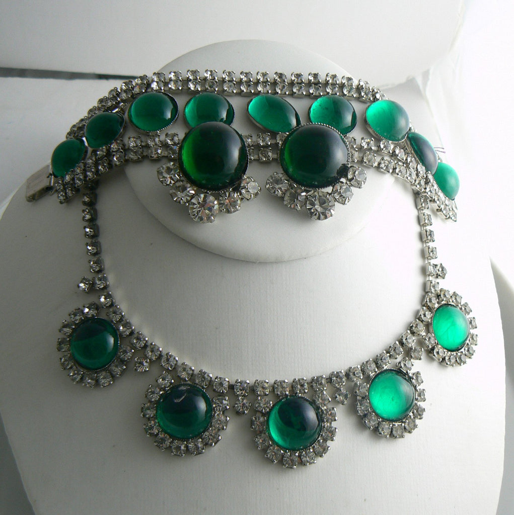 Emerald Green Large Glass Cabochon Rhinestone Parure - Vintage Lane Jewelry