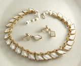 Classic Vintage Trifari White Poured Glass Necklace and Screw Type Earring - Vintage Lane Jewelry