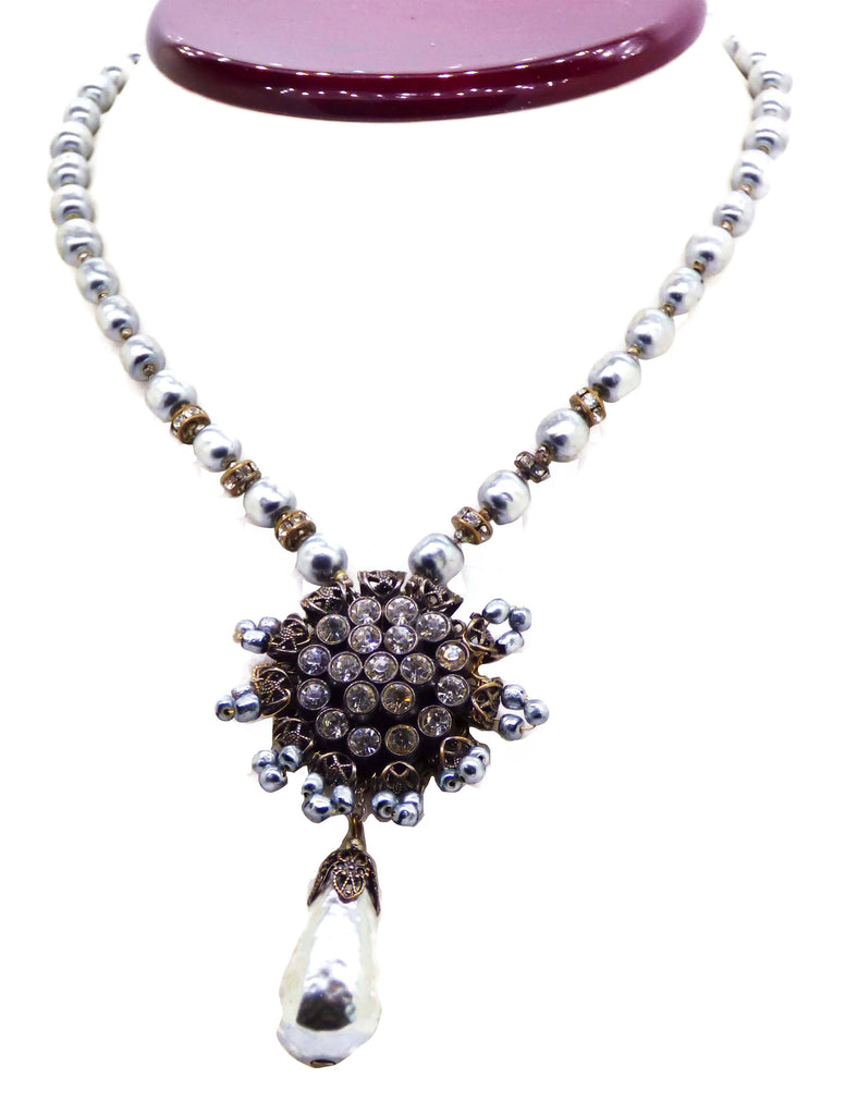 Vintage Miriam Haskell Baroque Silver Pearl Drop Necklace - Vintage Lane Jewelry