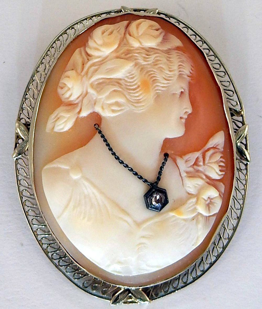 Vintage 14K White Gold Filigree Carved Shell Cameo Miners Cut Diamond Habille Brooch - Vintage Lane Jewelry