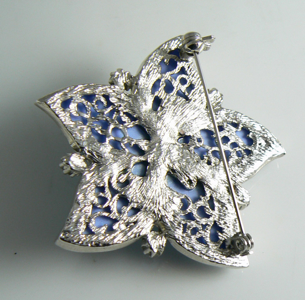 Beautiful Blue Poured Art Glass Ab Rhinestone Flower Pin Brooch - Vintage Lane Jewelry