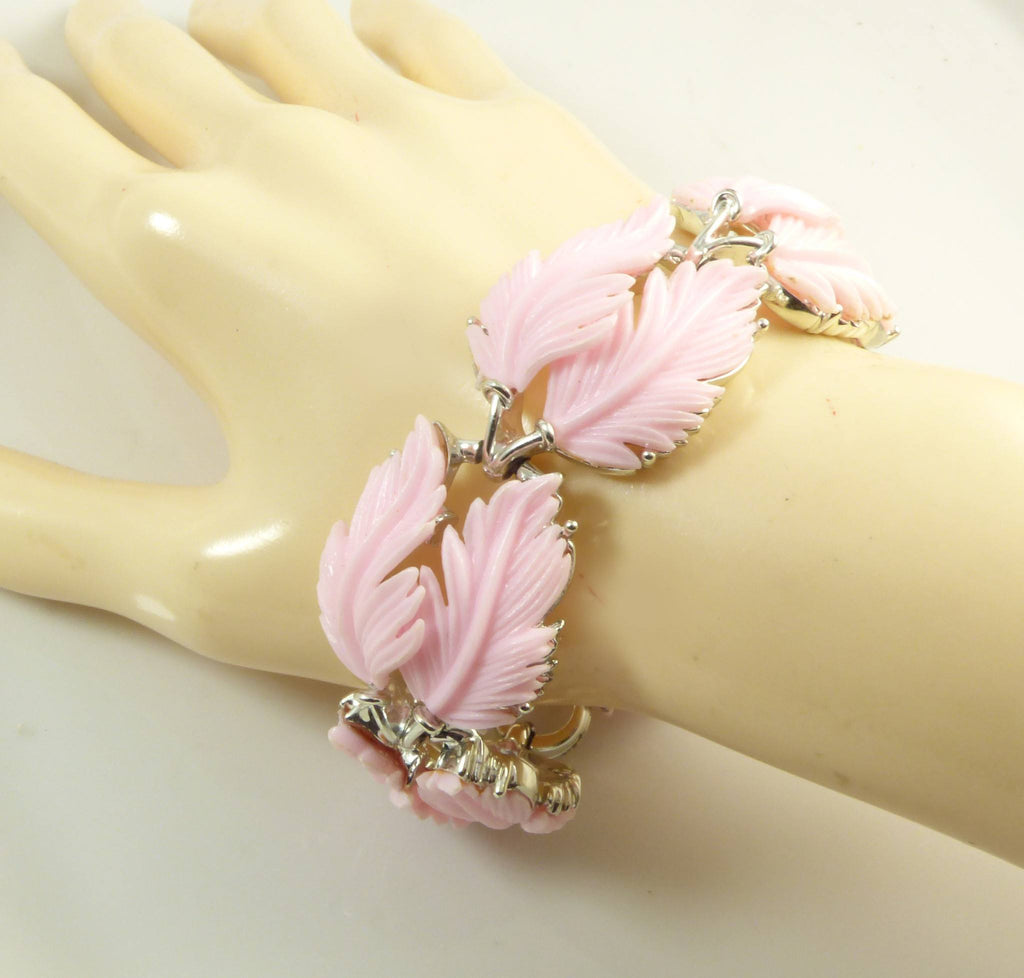 Vintage Lisner Pink Thermoset Leaf Design Necklace Bracelet Clip Earring Set - Vintage Lane Jewelry