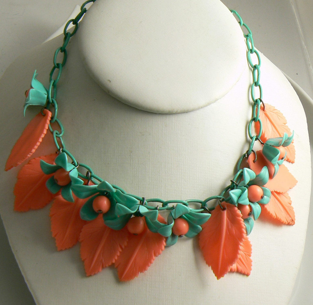 Early Plastic Vintage Celluloid Peachy Pink and Turquoise Flowers Leaves Necklace - Vintage Lane Jewelry
