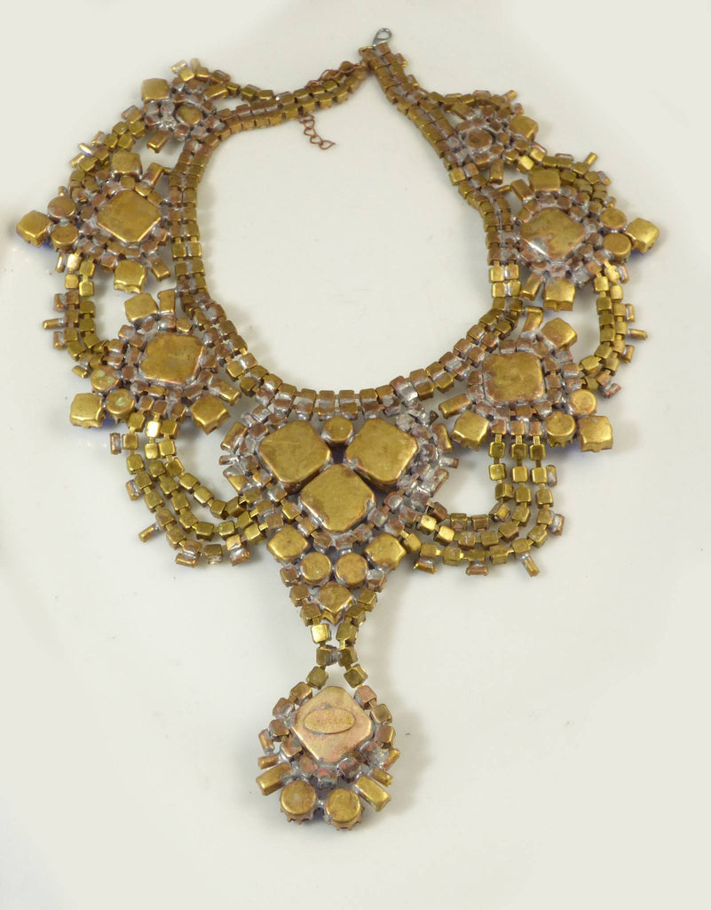 Czech Glass Blue Rhinestone Husar D Necklace, Statement Necklace - Vintage Lane Jewelry
