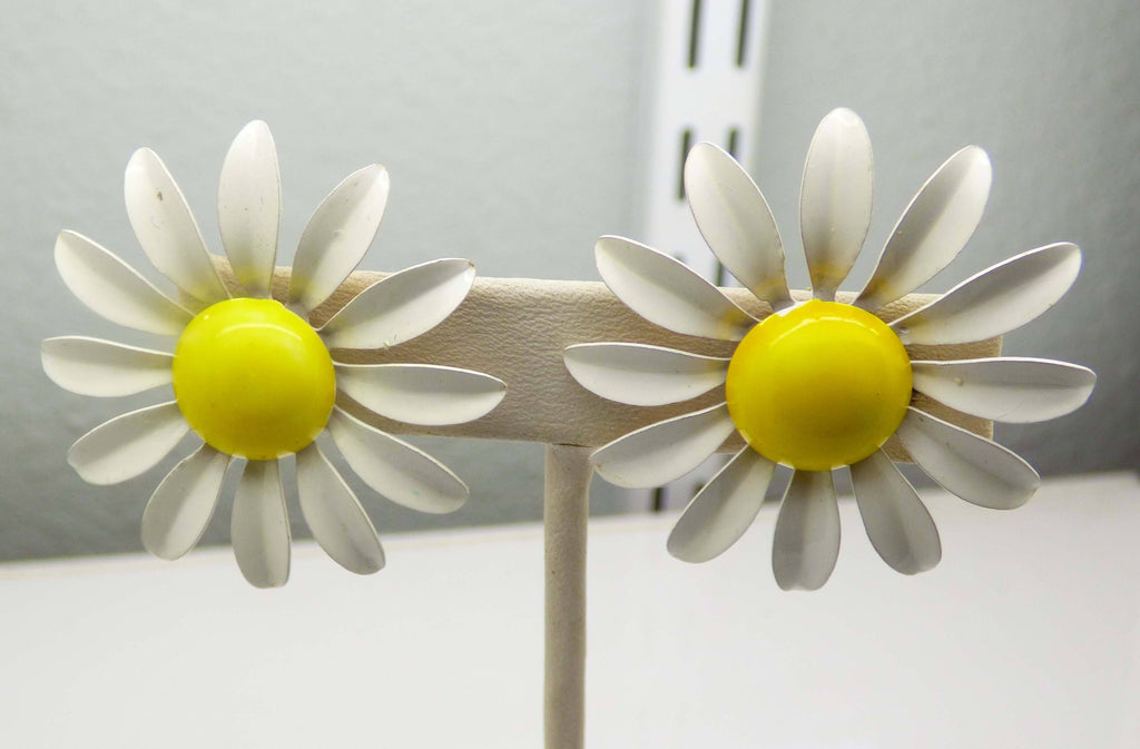 White Enamel Daisy Cuff Bracelet and Clip Earrings - Vintage Lane Jewelry