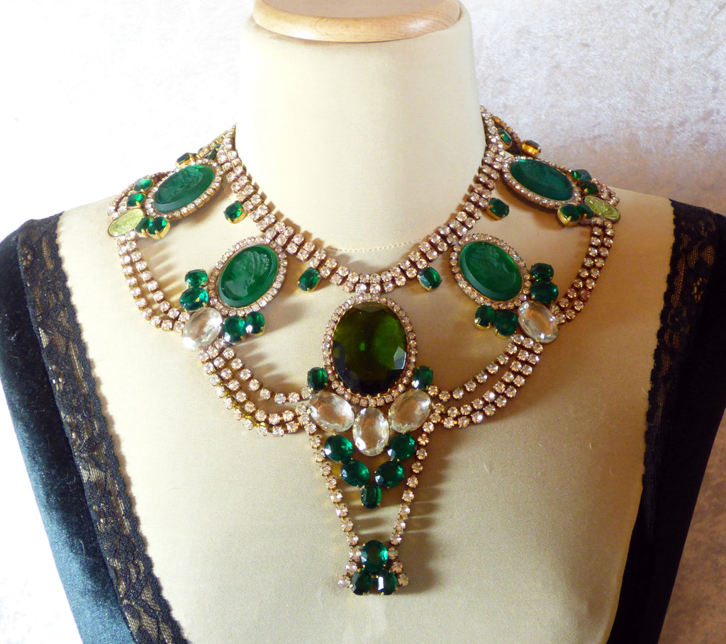 Czech Statement Rhinestone Green Glass Cameo Necklace - Vintage Lane Jewelry