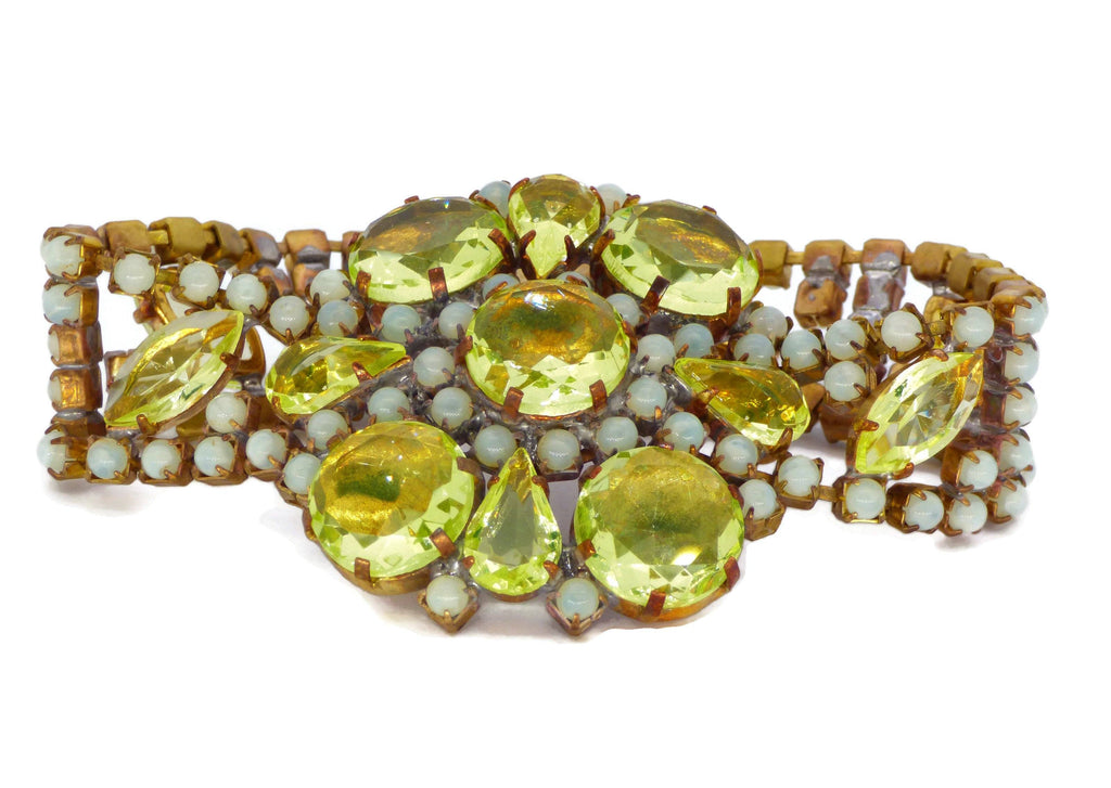 Czech Glass Vaseline Uranium Glass Bracelet - Vintage Lane Jewelry