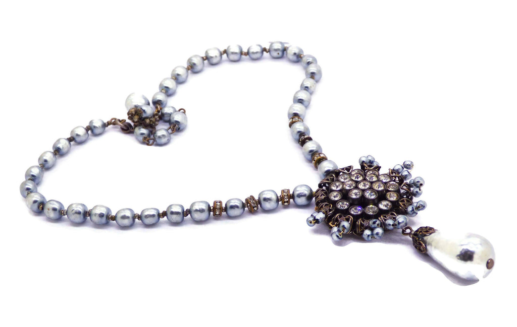 Vintage Miriam Haskell Baroque Silver Pearl Drop Necklace - Vintage Lane Jewelry