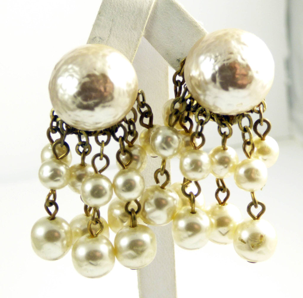 Miriam Haskell Baroque Pearl Dangle Clip Earrings - Vintage Lane Jewelry