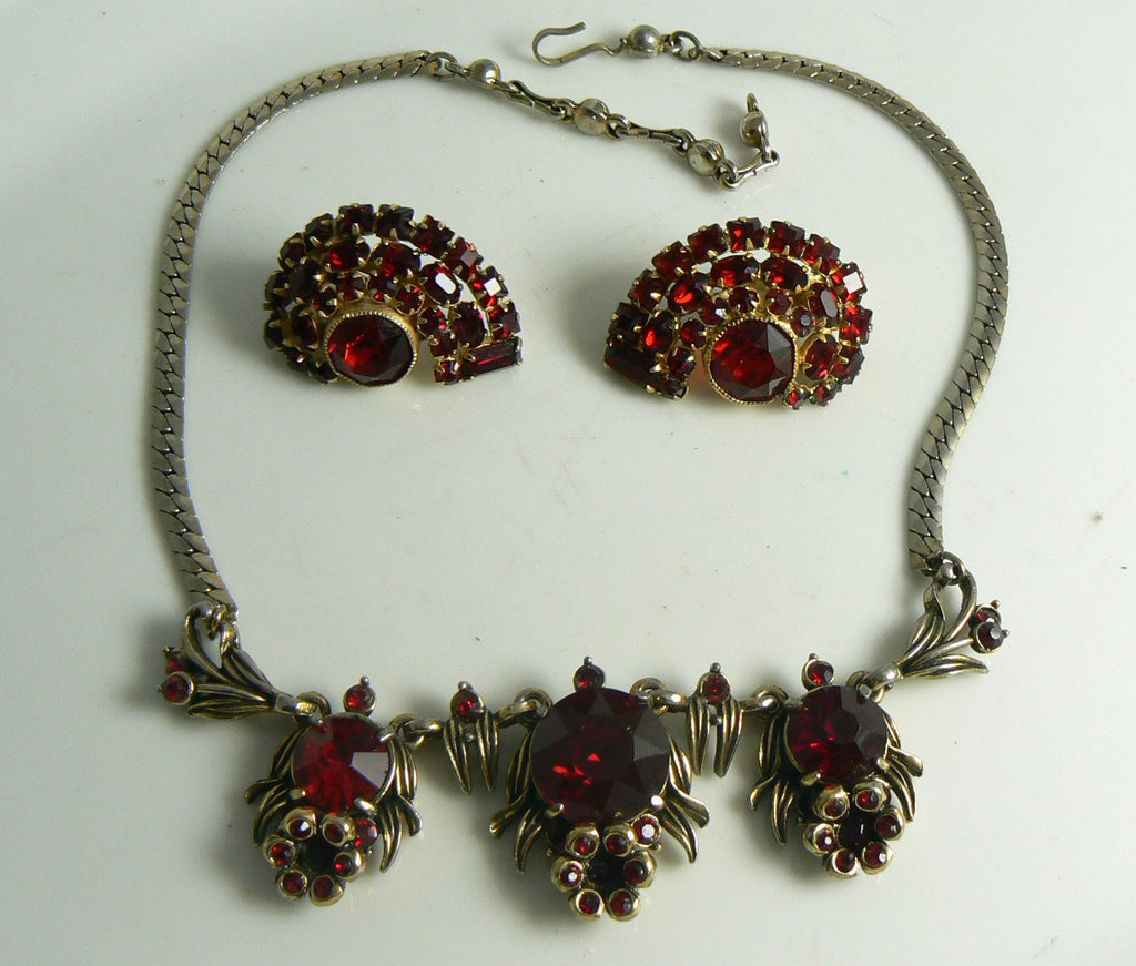 Vintage Signed Schreiner of NY Ruby Red Clip Earrings with Married Necklace - Vintage Lane Jewelry