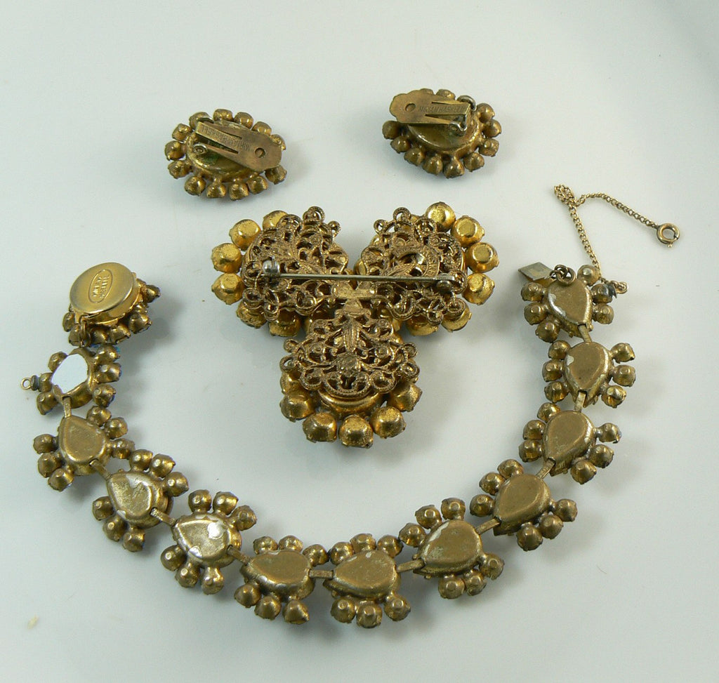 Miriam Haskell Moon Glow Blue Rhinestone Parure, bracelet, brooch and clip earrings - Vintage Lane Jewelry
