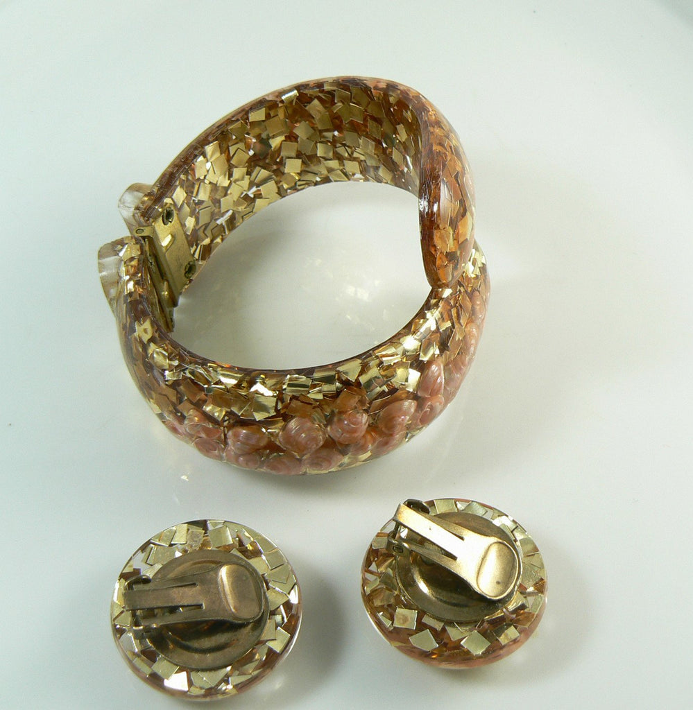 Gold Confetti and Sea Shell Lucite Clamper and Earring Set - Vintage Lane Jewelry