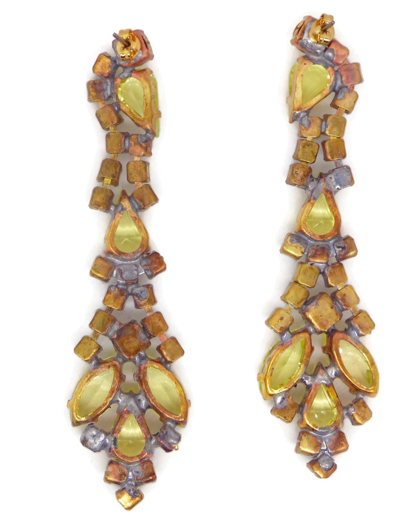 Vaseline Uranium Czech Glass Pierced Style Dangling Earrings - Vintage Lane Jewelry