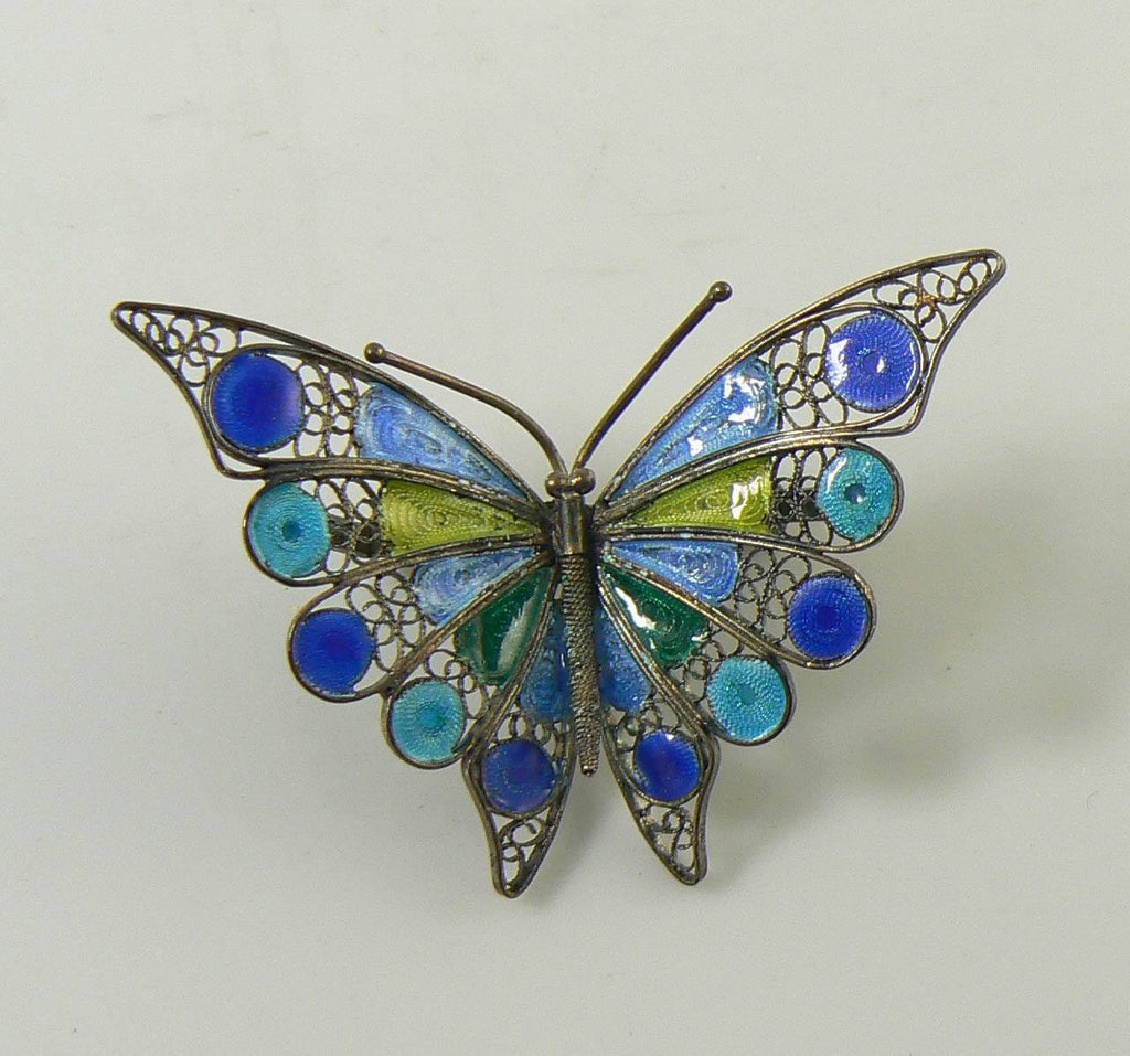 Enameled Butterfly 800 Silver Filigree Pin, Blue and Green - Vintage Lane Jewelry