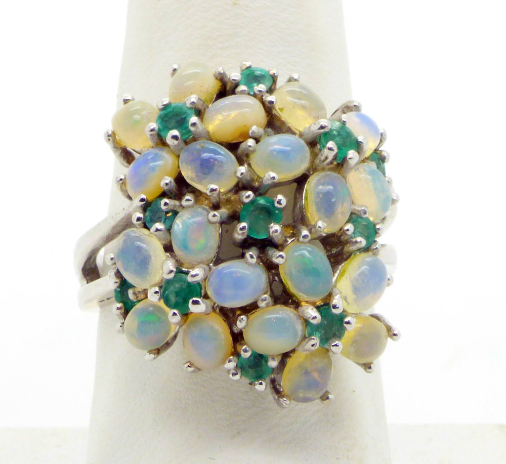 Rainbow Fire Opal and Natural Emerald 14K white gold over sterling silver ring, Cluster Ring - Vintage Lane Jewelry