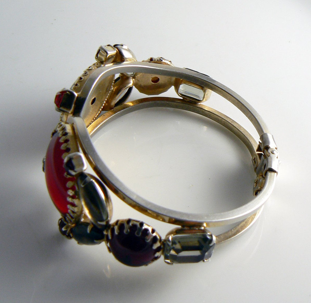 Vintage Red Cabochon Red, Gray Rhinestone Clamper Bracelet, Juliana style bracelet - Vintage Lane Jewelry
