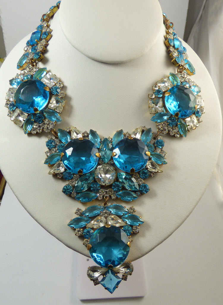 Aqua Blue and Clear Czech Glass Statement Necklace - Vintage Lane Jewelry