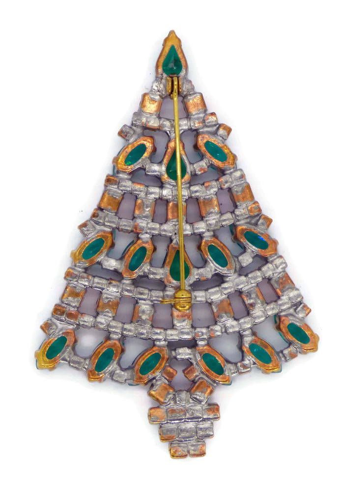 Red and Green Czech Glass Rhinestone Christmas Tree Brooch - Vintage Lane Jewelry