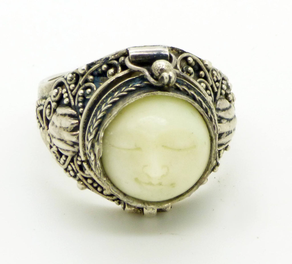 Balinese Bone Sterling Silver 925 Poison Ring, Pill Box Ring, Size 9.5 - Vintage Lane Jewelry