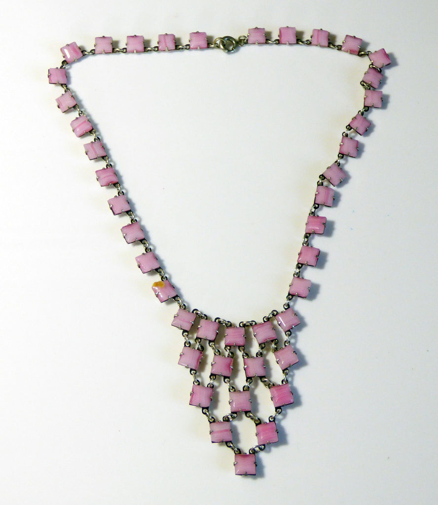 Vintage Art Deco Open Backed Pink Striped Art Glass Waterfall Sterling Silver Necklace - Vintage Lane Jewelry
