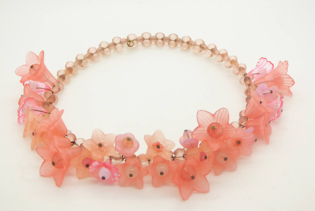 Lucite Flowers and Glass Bead Necklace, Opaque Peach and Rose Colors - Vintage Lane Jewelry