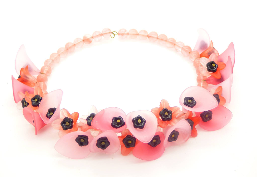 Lucite Flowers and Glass Beads Necklace, Red, Pink with Black Glass Beads - Vintage Lane Jewelry
