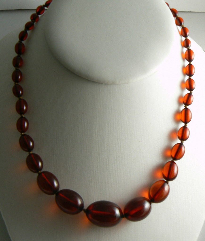 Art Deco Sterling & Cherry Amber Bakelite Bead Necklace - Vintage Lane Jewelry