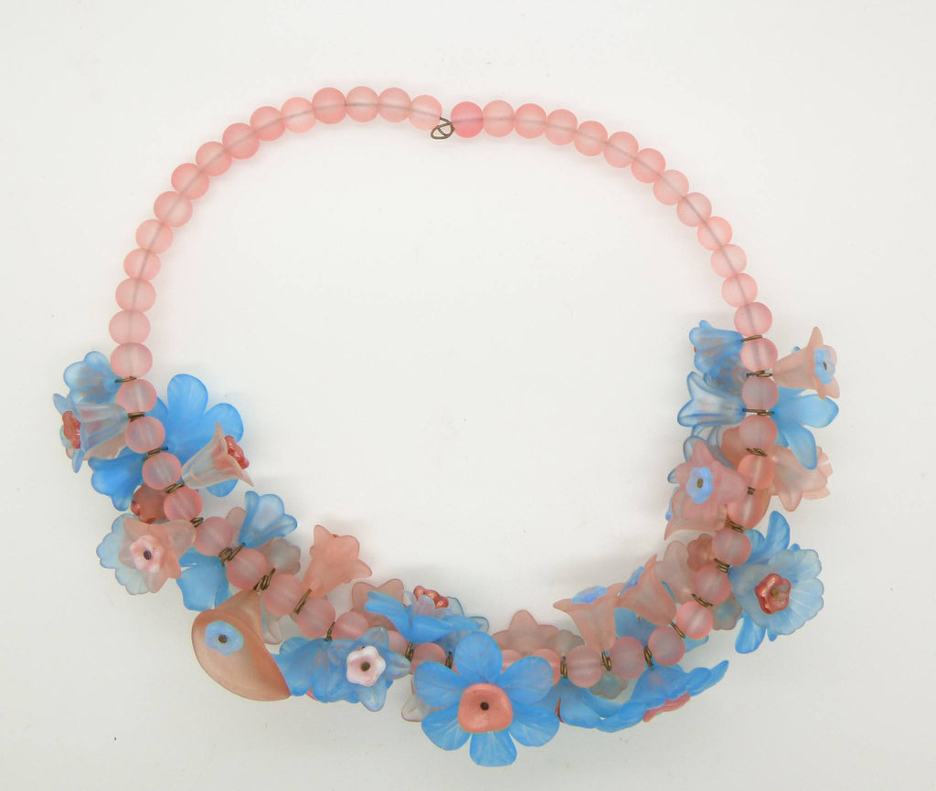Turquoise and Peach Lucite Flowers, Glass Flowers and Peach Glass Beads Necklace - Vintage Lane Jewelry